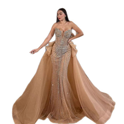 Luxury Nude Saudi Crystal Beaded Mermaid Evening Dress With Overskirt LA73474 - SERENE  HILL