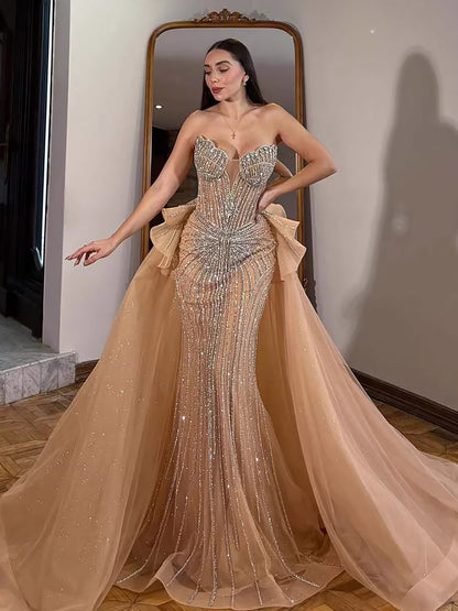 Luxury Nude Saudi Crystal Beaded Mermaid Evening Dress With Overskirt LA73474 - SERENE  HILL