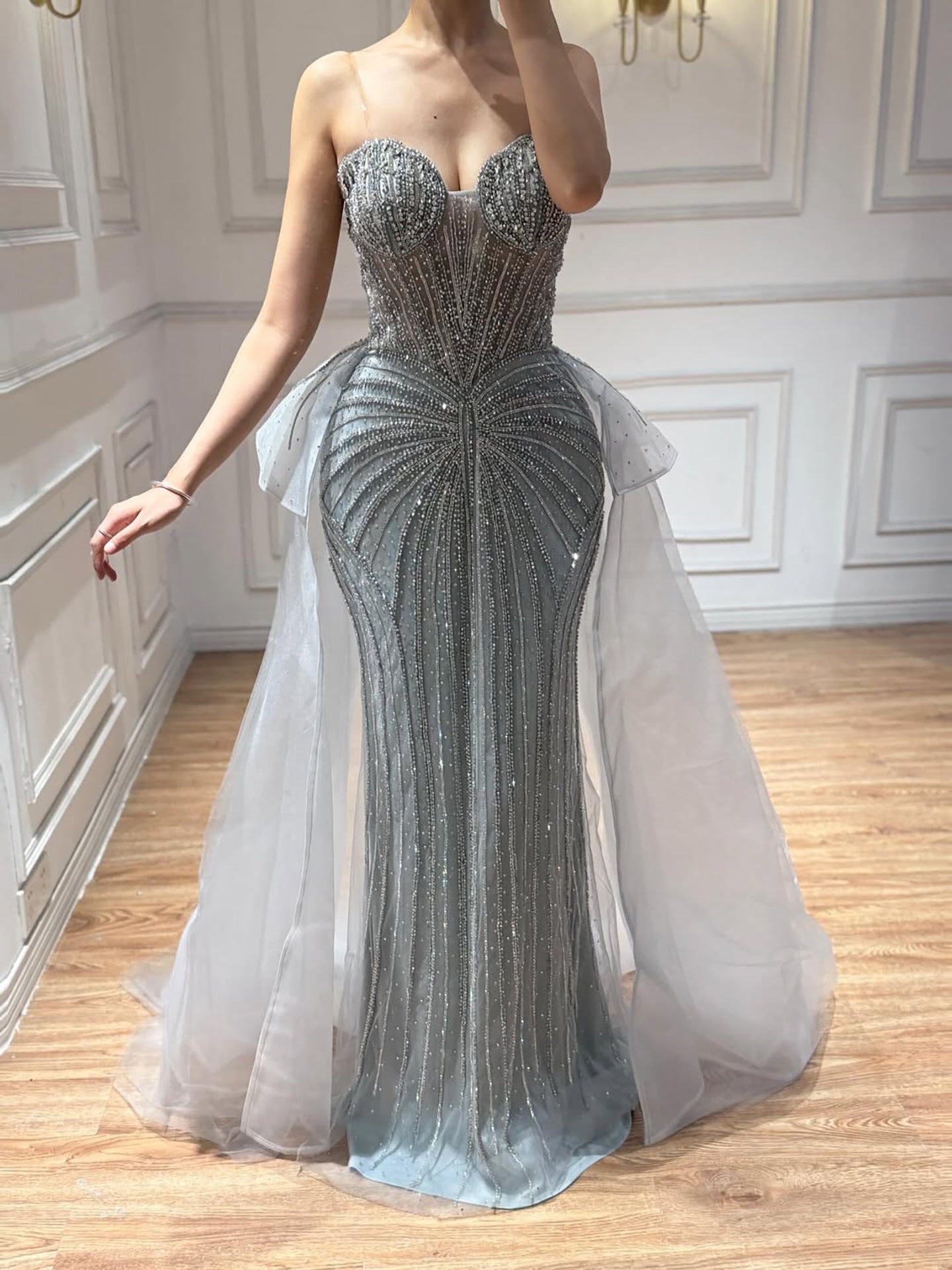 Luxury Nude Saudi Crystal Beaded Mermaid Evening Dress With Overskirt LA73474