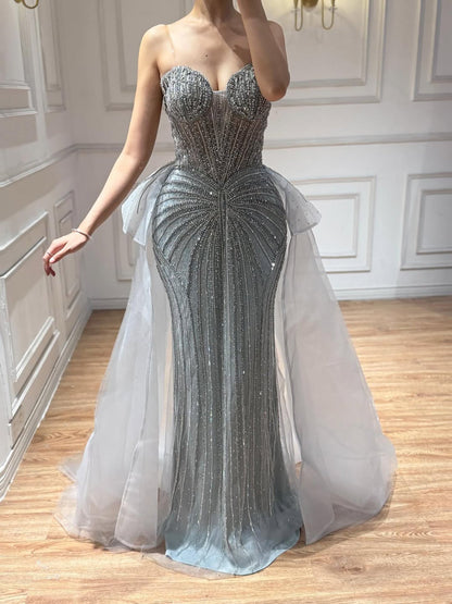 Luxury Nude Saudi Crystal Beaded Mermaid Evening Dress With Overskirt LA73474