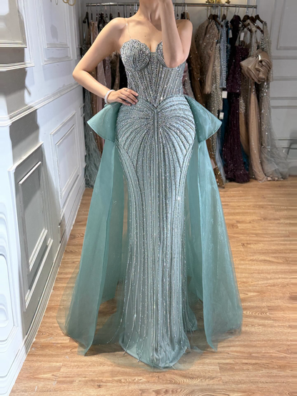 Luxury Nude Saudi Crystal Beaded Mermaid Evening Dress With Overskirt LA73474