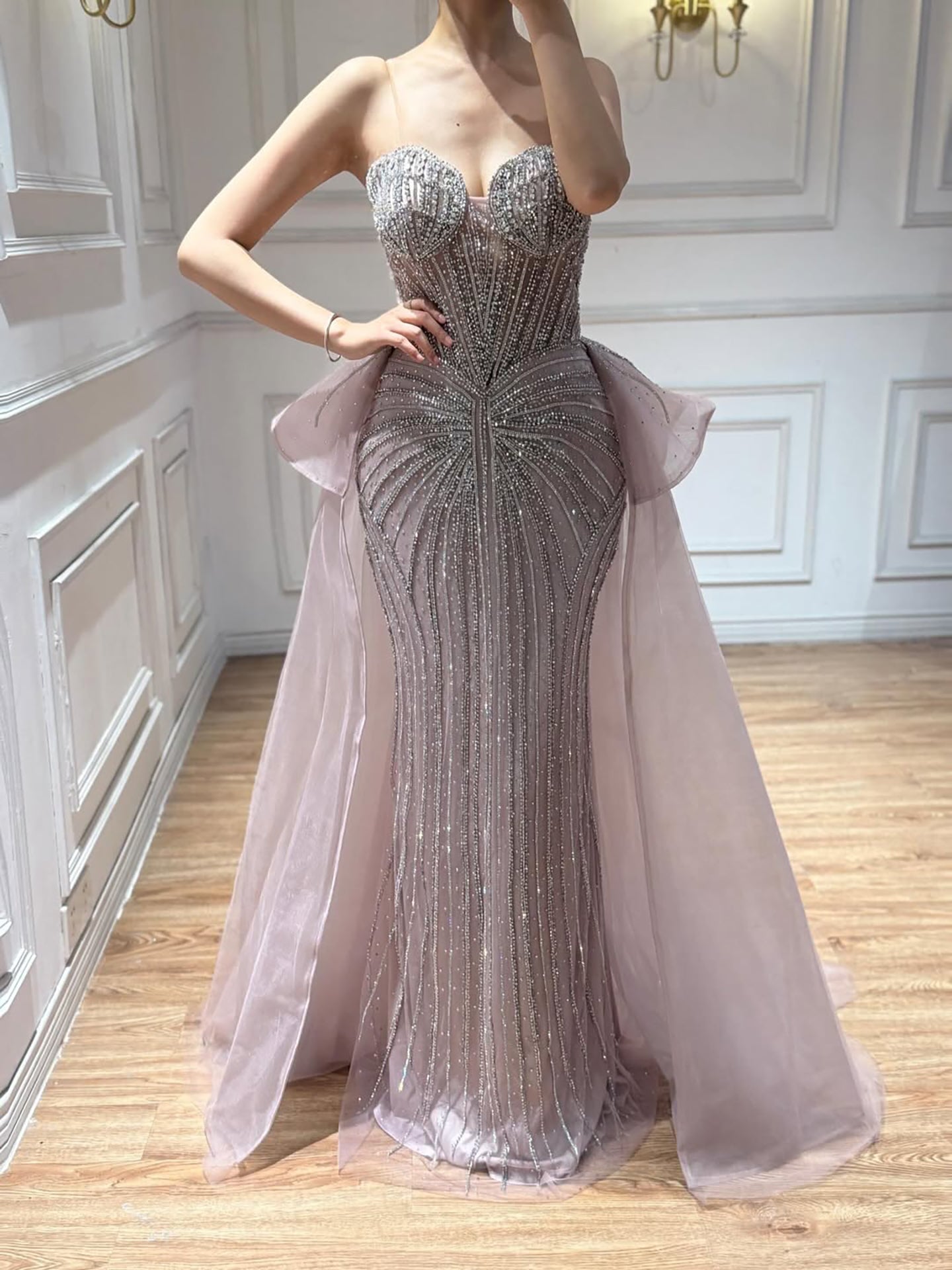 Luxury Nude Saudi Crystal Beaded Mermaid Evening Dress With Overskirt LA73474