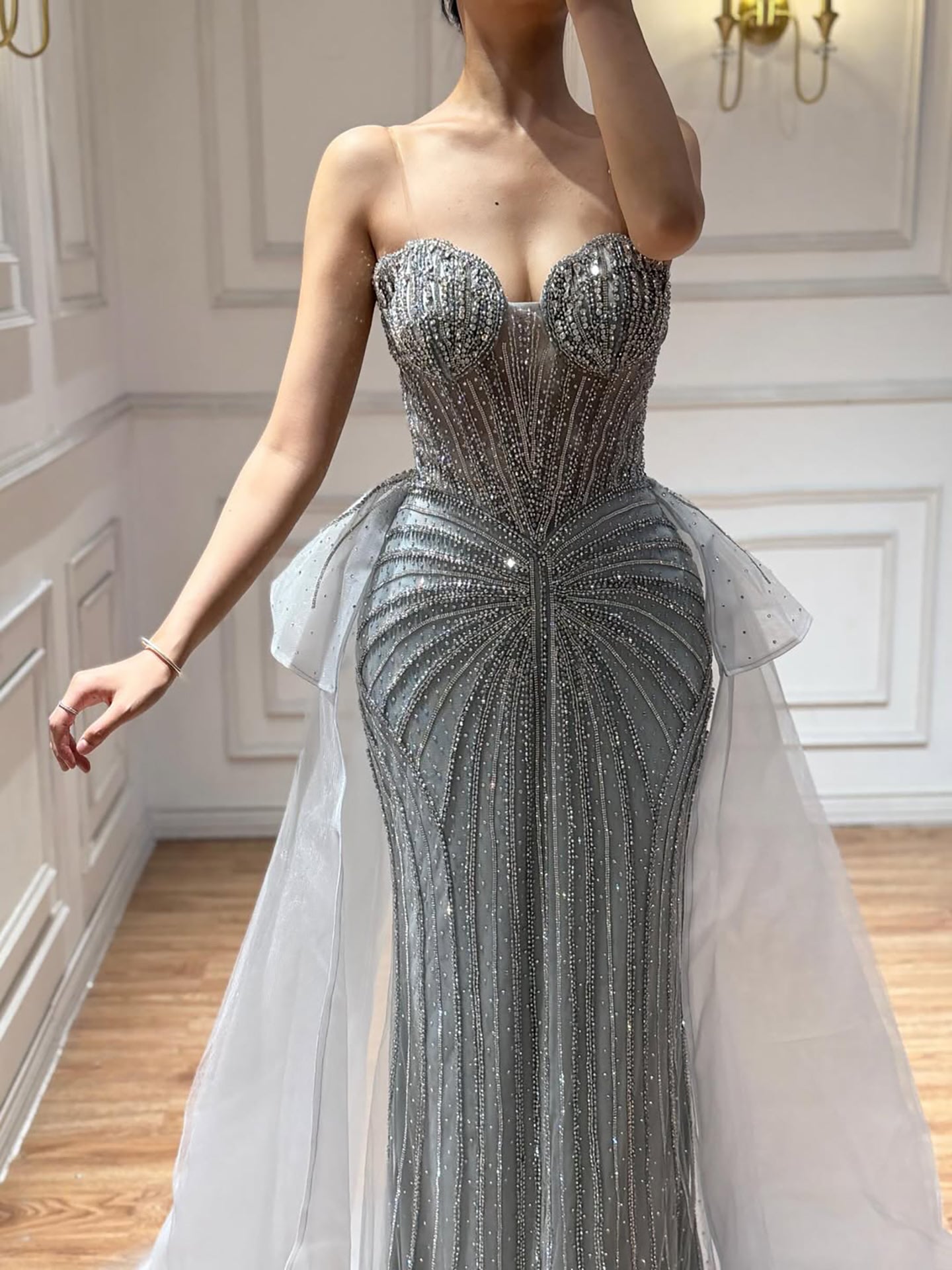 Luxury Nude Saudi Crystal Beaded Mermaid Evening Dress With Overskirt LA73474