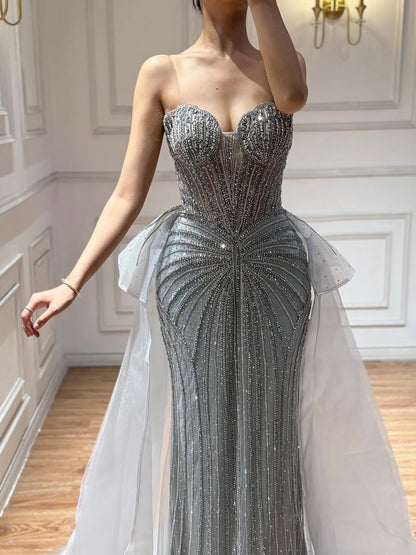 Luxury Nude Saudi Crystal Beaded Mermaid Evening Dress With Overskirt LA73474
