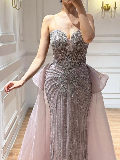 Luxury Nude Saudi Crystal Beaded Mermaid Evening Dress With Overskirt LA73474