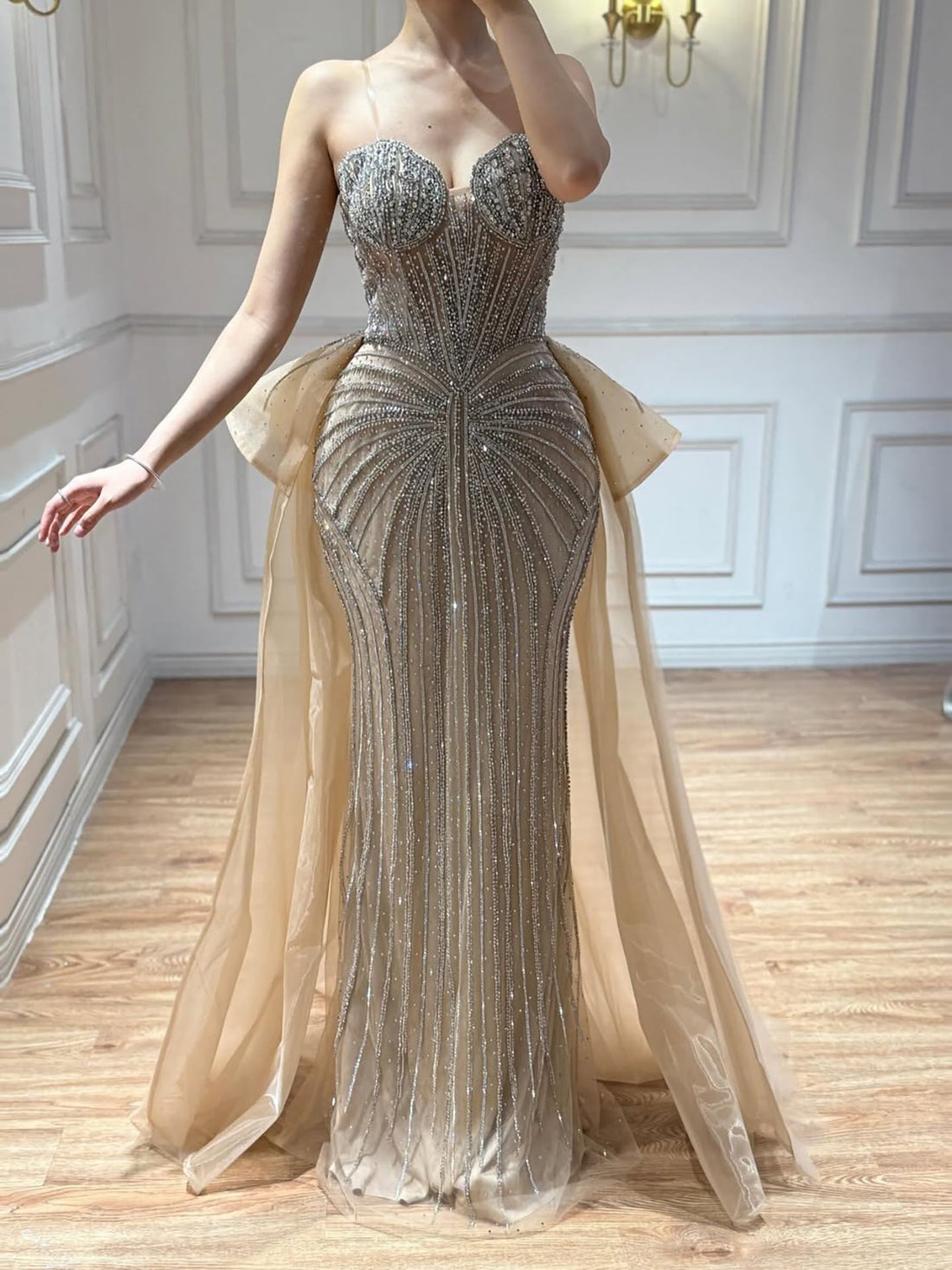Luxury Nude Saudi Crystal Beaded Mermaid Evening Dress With Overskirt LA73474