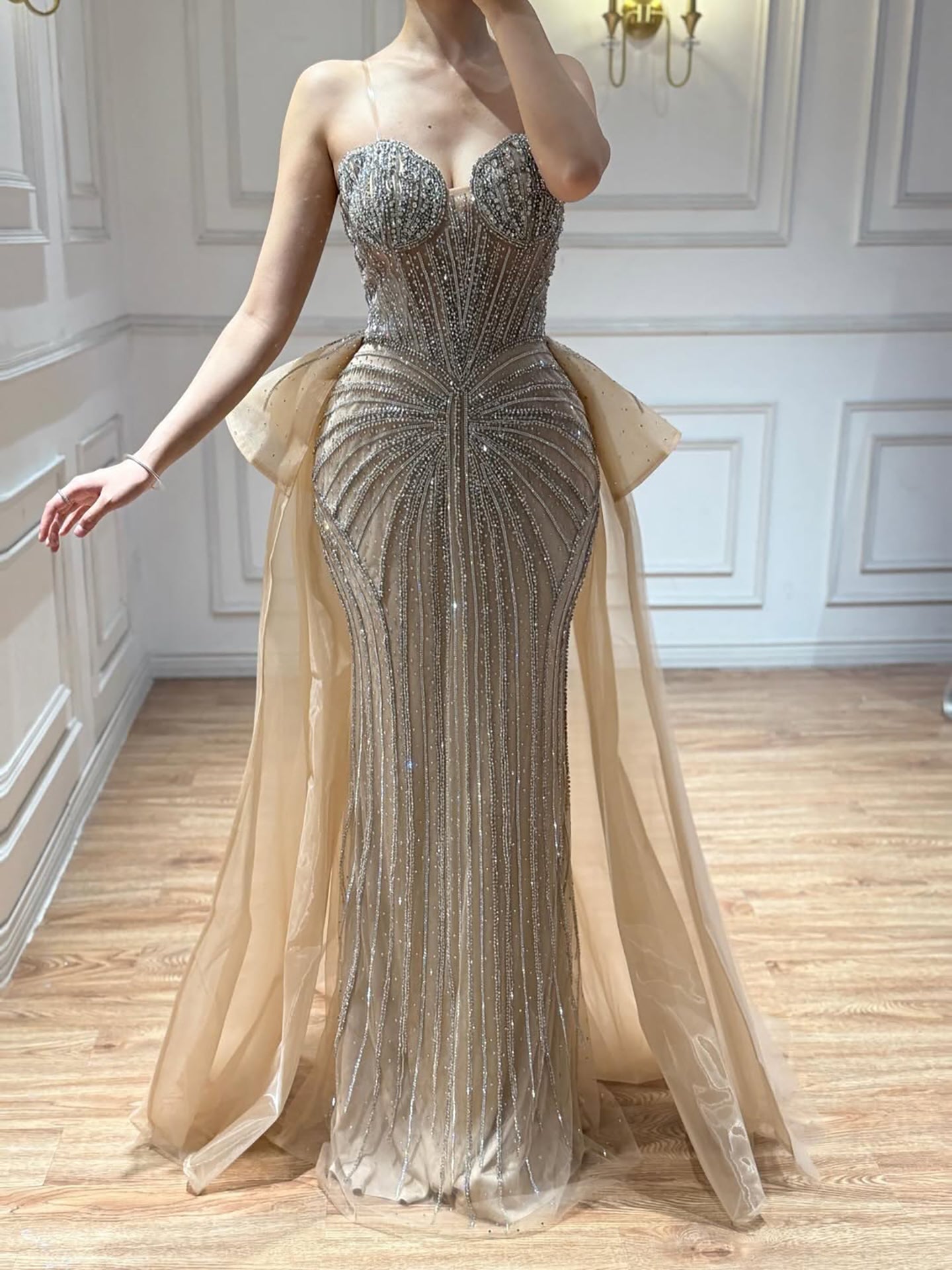 Luxury Nude Saudi Crystal Beaded Mermaid Evening Dress With Overskirt LA73474