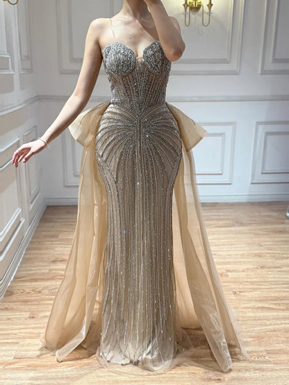 Luxury Nude Saudi Crystal Beaded Mermaid Evening Dress With Overskirt LA73474