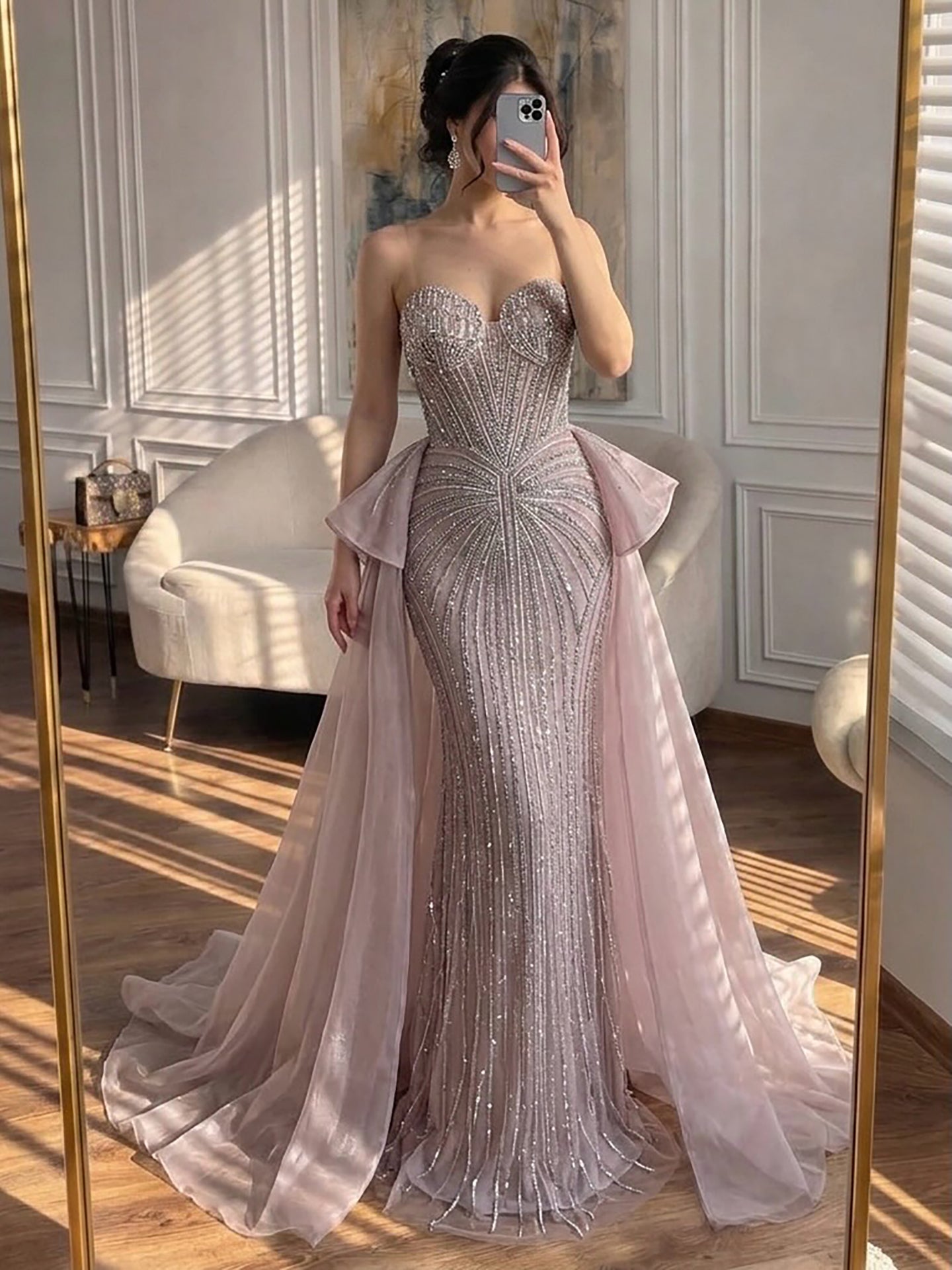 Luxury Nude Saudi Crystal Beaded Mermaid Evening Dress With Overskirt LA73474