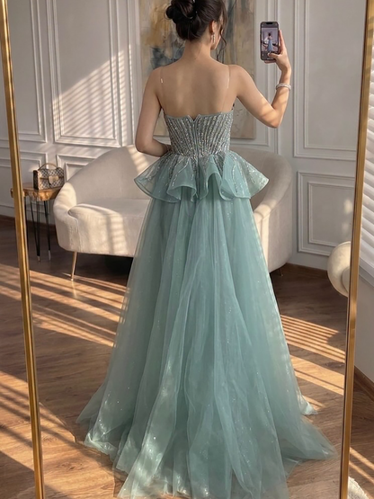 Luxury Nude Saudi Crystal Beaded Mermaid Evening Dress With Overskirt LA73474