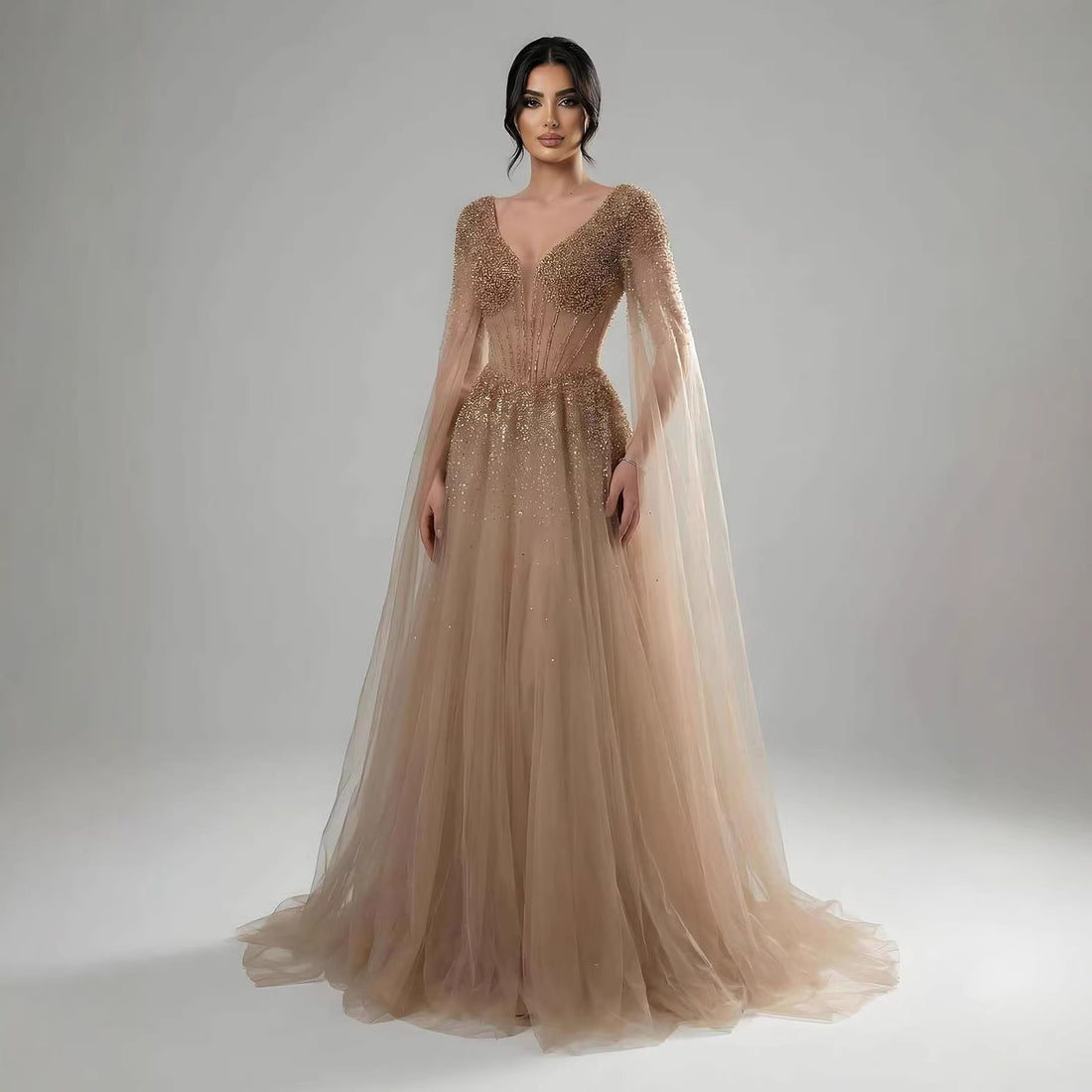 Luxury Caramel Beaded A-Line Evening Dress with Cape Sleeves LA73476