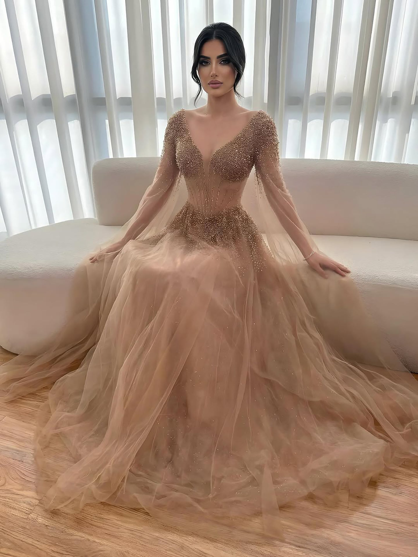 Luxury Caramel Beaded A-Line Evening Dress with Cape Sleeves LA73476