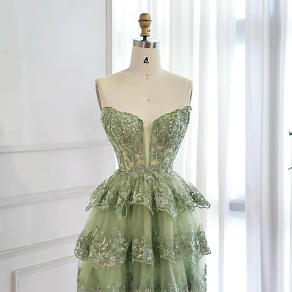 Luxury Sage Green Lace Strapless A-Line Short Homecoming Dress LA73477