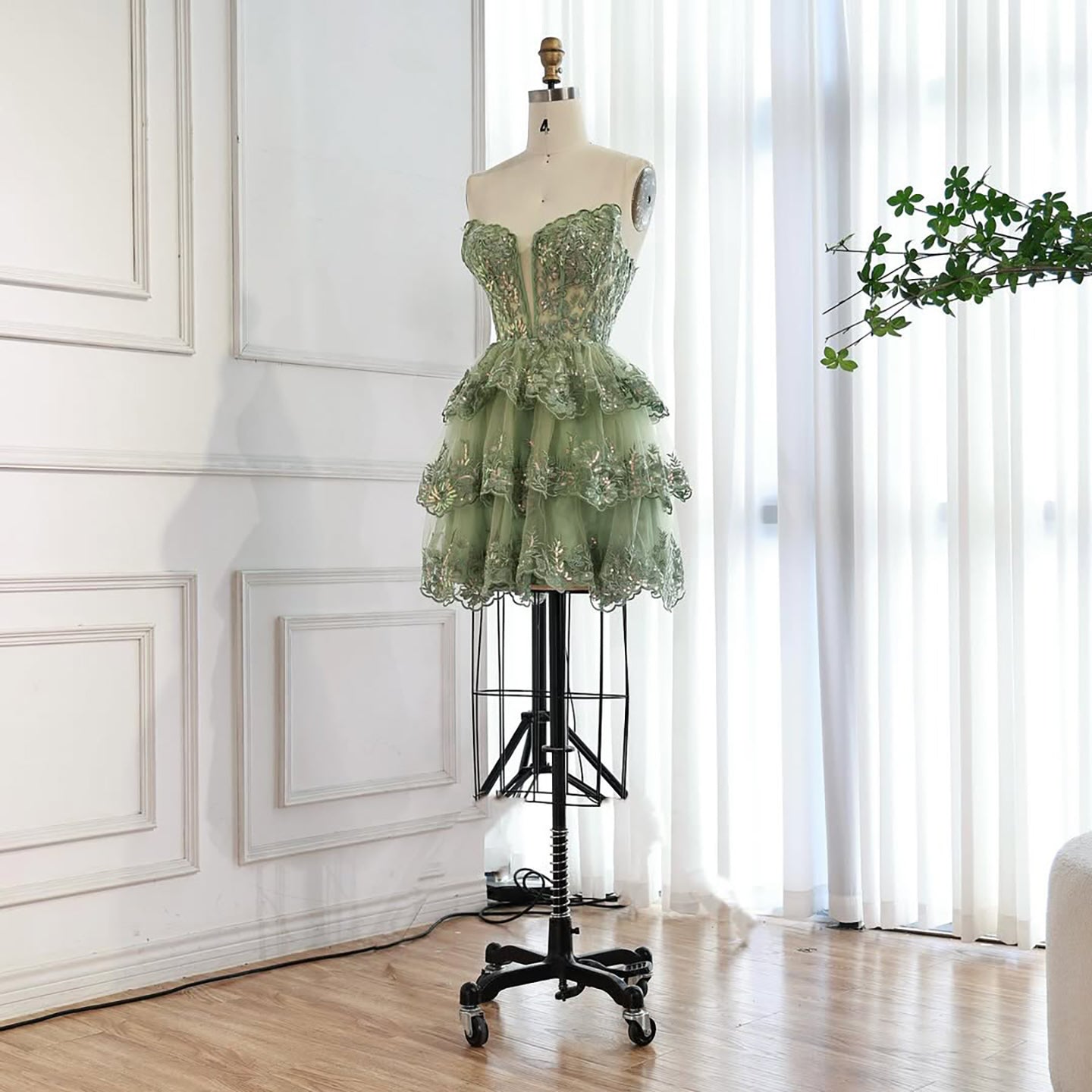 Luxury Sage Green Lace Strapless A-Line Short Homecoming Dress LA73477