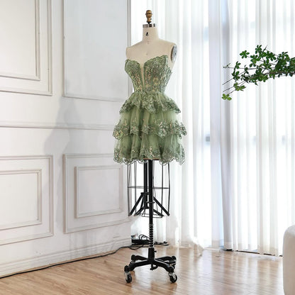 Luxury Sage Green Lace Strapless A-Line Short Homecoming Dress LA73477