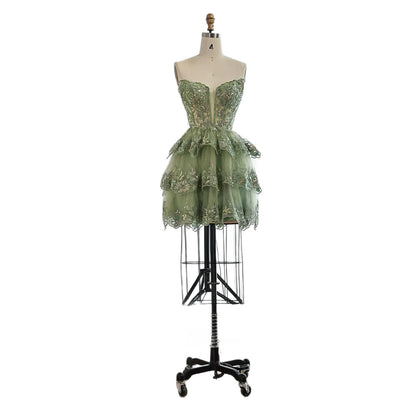 Luxury Sage Green Lace Strapless A-Line Short Homecoming Dress LA73477