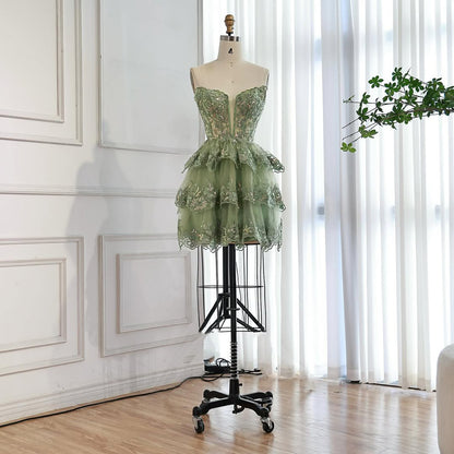 Luxury Sage Green Lace Strapless A-Line Short Homecoming Dress LA73477