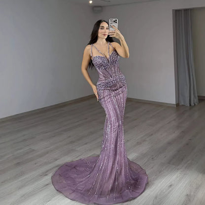 Luxury Purple Spaghetti Strap Beaded Mermaid Evening Dress LA73480