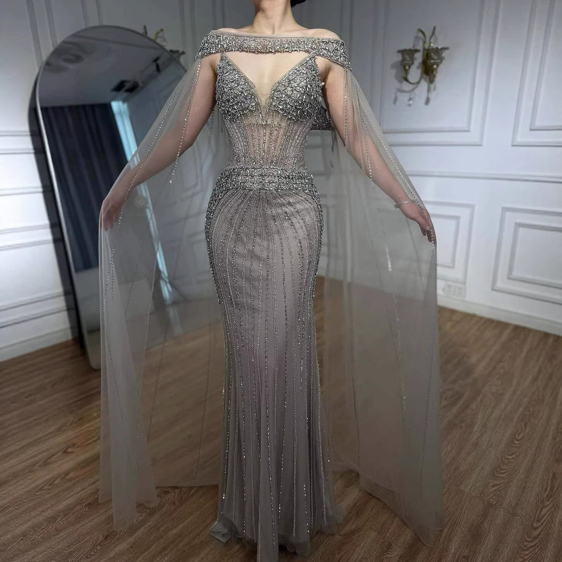Luxury Caramel Beaded Evening Dress With Cape LA73480A