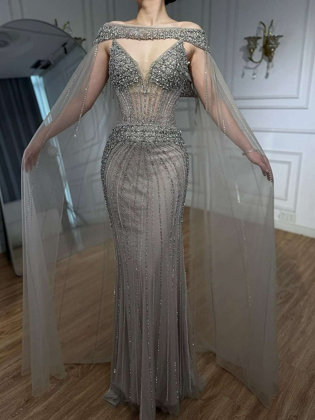 Luxury Caramel Beaded Evening Dress With Cape LA73480A – SERENE HILL
