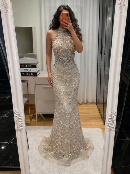 Luxury Silver Nude Beaded Elegant Mermaid Evening Dress LA73482 - SERENE  HILL