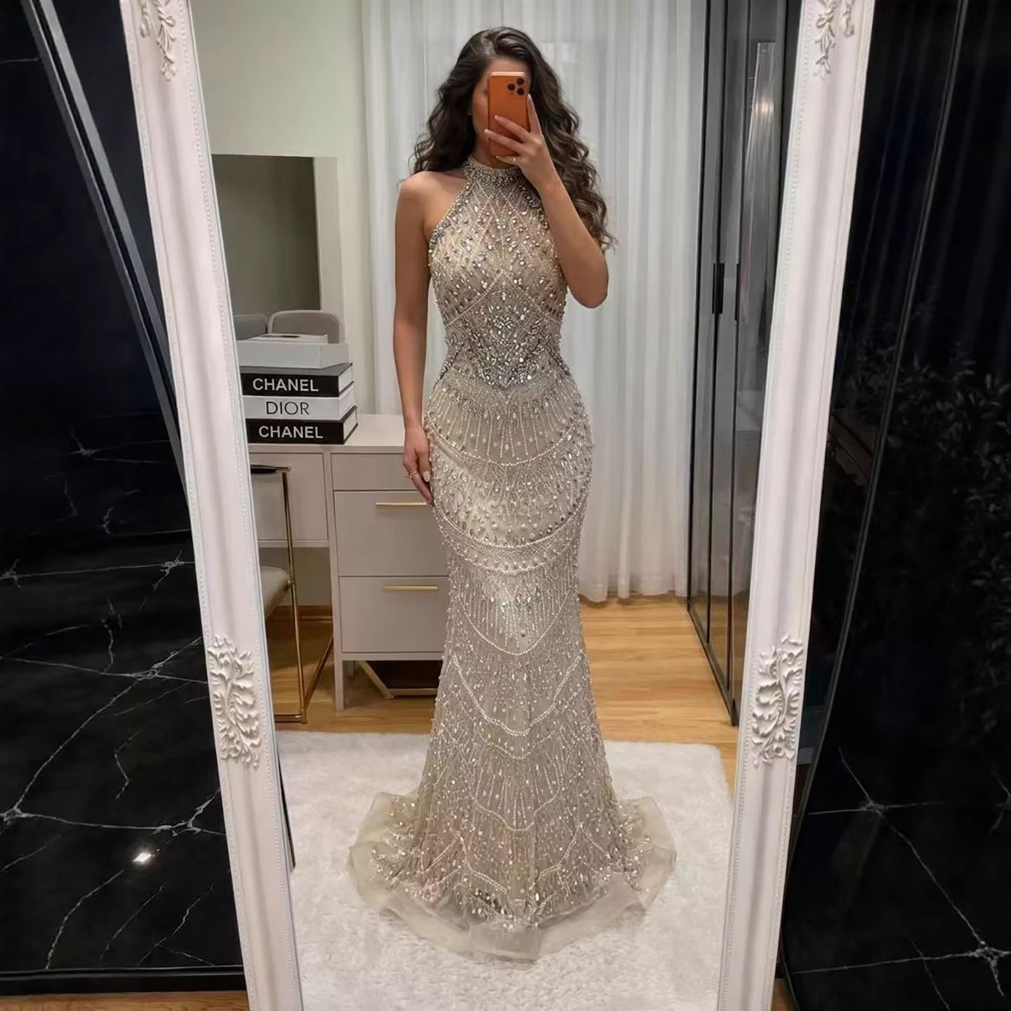 Luxury Silver Nude Beaded Elegant Mermaid Evening Dress LA73482 Silver Nude / 10