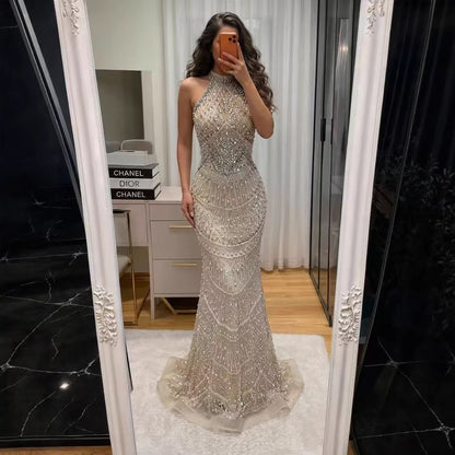 Luxury Silver Nude Beaded Elegant Mermaid Evening Dress LA73482 - SERENE  HILL