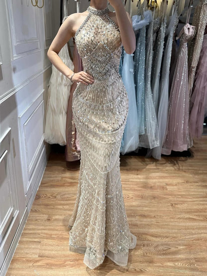 Luxury Silver Nude Beaded Elegant Mermaid Evening Dress LA73482 - SERENE  HILL