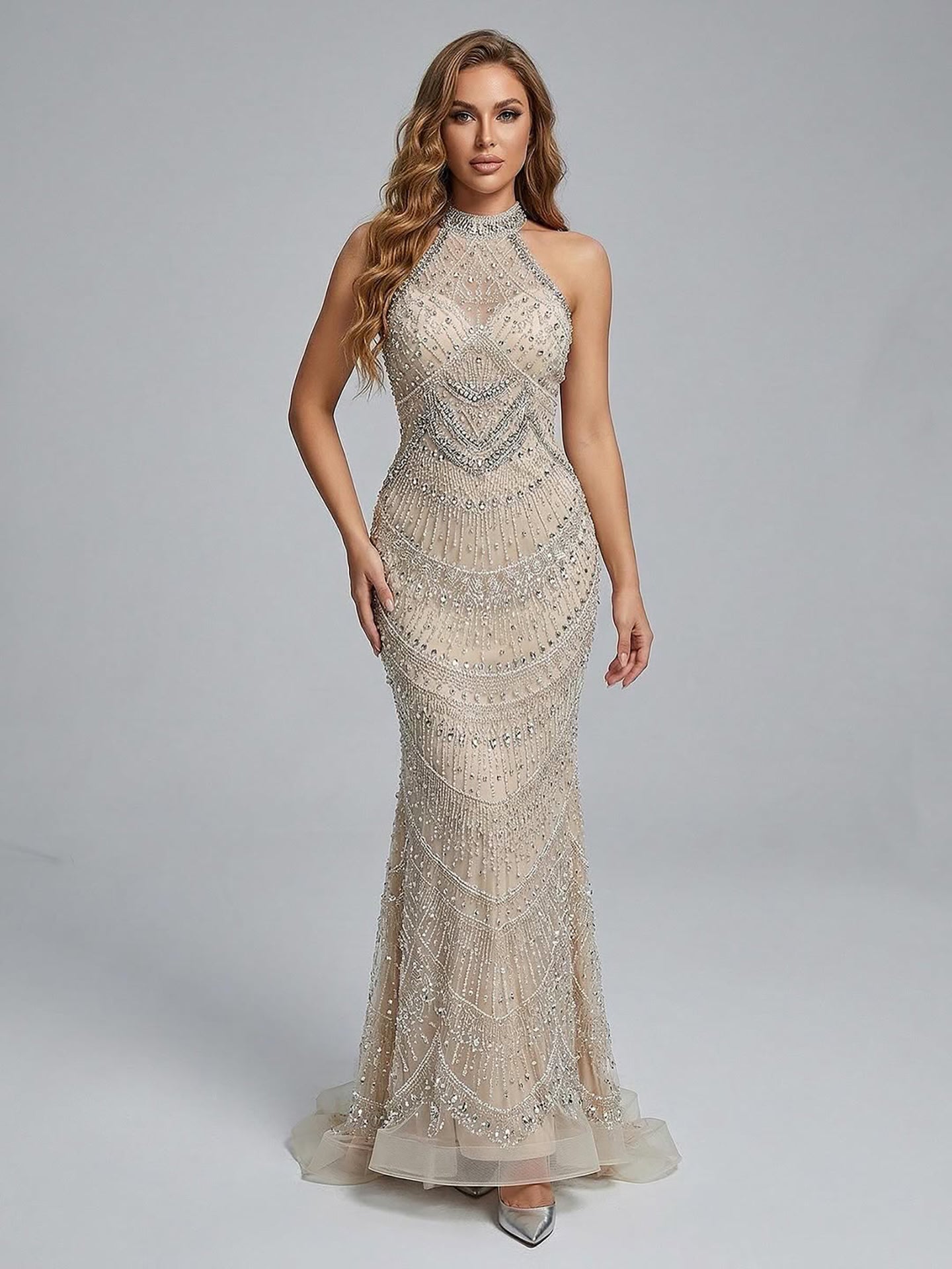 Luxury Silver Nude Beaded Elegant Mermaid Evening Dress LA73482 - SERENE  HILL