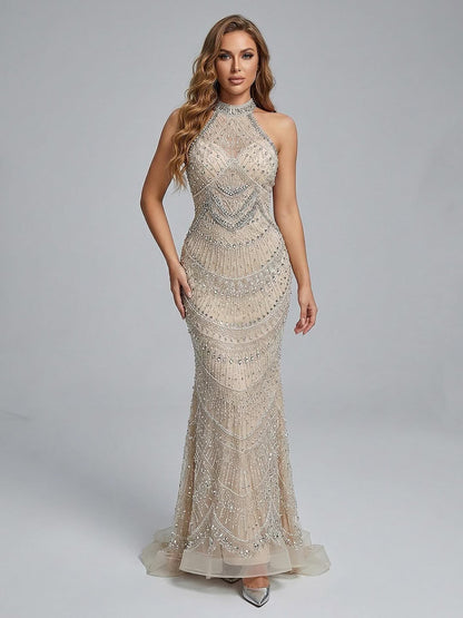 Luxury Silver Nude Beaded Elegant Mermaid Evening Dress LA73482 - SERENE  HILL