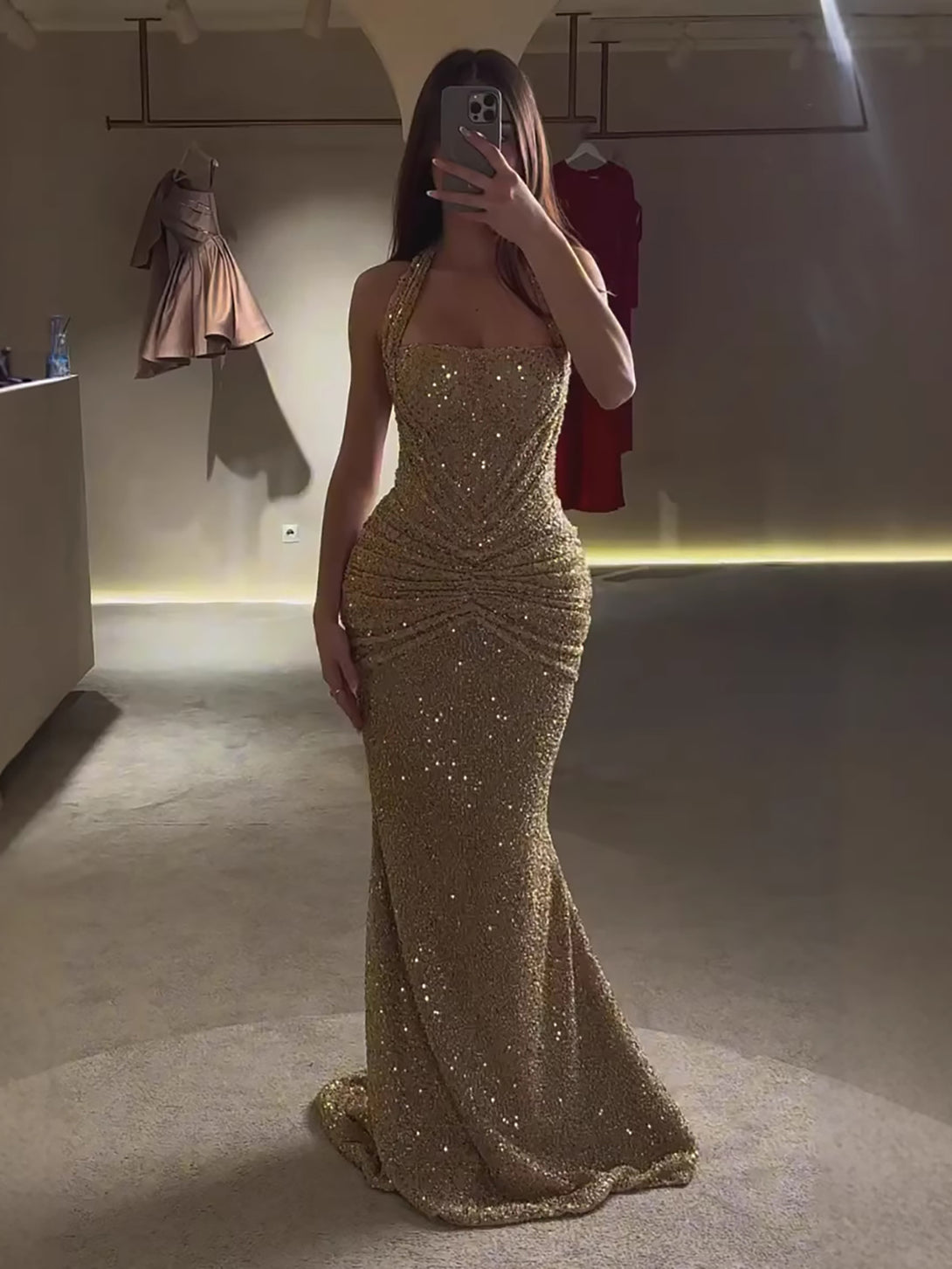 Luxury Gold Halter Beaded Mermaid Evening Dress LA73483 Gold / 2