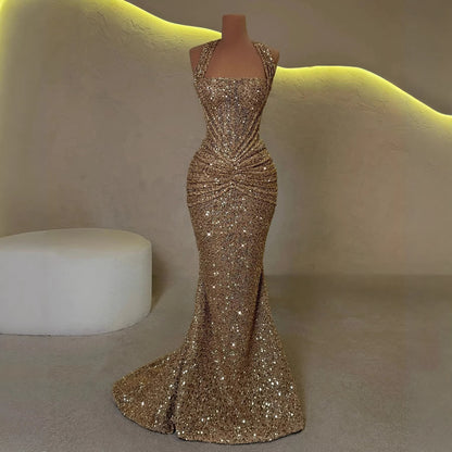 Luxury Gold Halter Beaded Mermaid Evening Dress LA73483 - SERENE  HILL