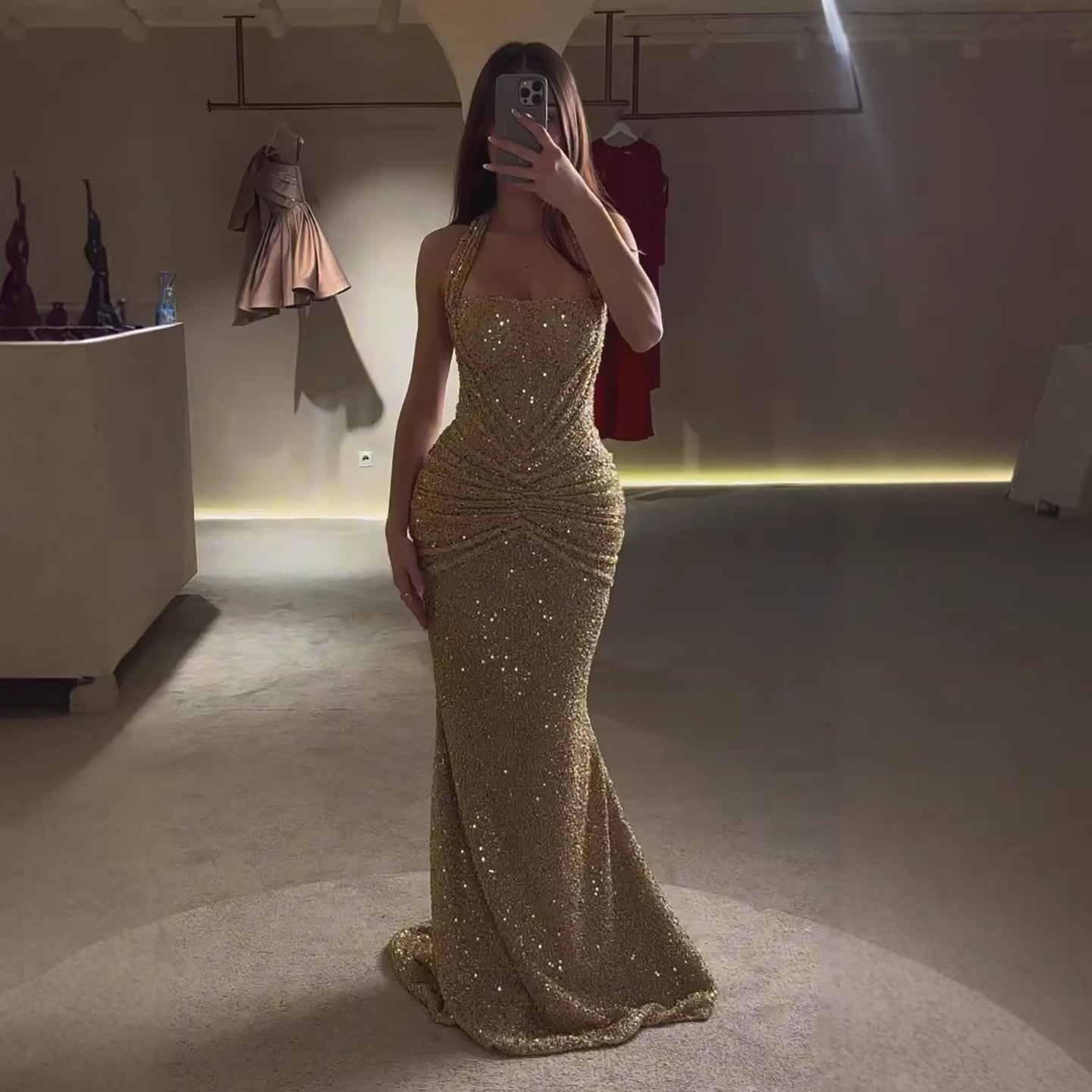 Luxury Gold Halter Beaded Mermaid Evening Dress LA73483 - SERENE  HILL