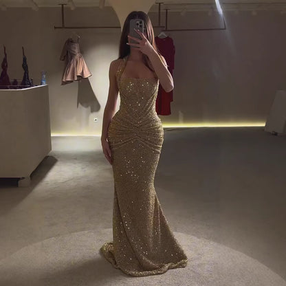Luxury Gold Halter Beaded Mermaid Evening Dress LA73483 - SERENE  HILL