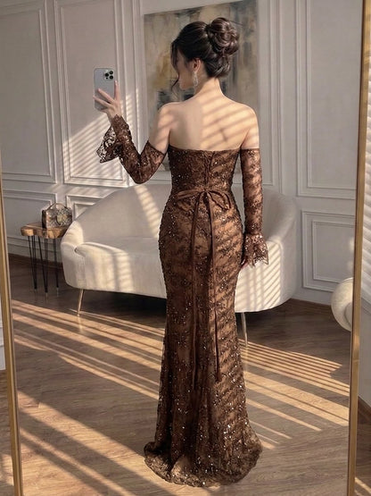 Luxury Arabic Saudi Coffee Lace Beaded Mermaid Evening Dress LA73484