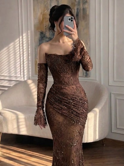 Luxury Arabic Saudi Coffee Lace Beaded Mermaid Evening Dress LA73484