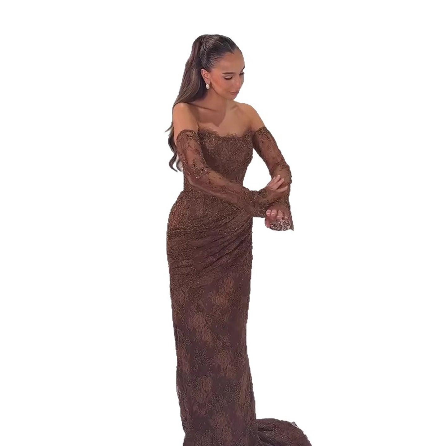 Luxury Arabic Saudi Coffee Lace Beaded Mermaid Evening Dress LA73484 - SERENE  HILL