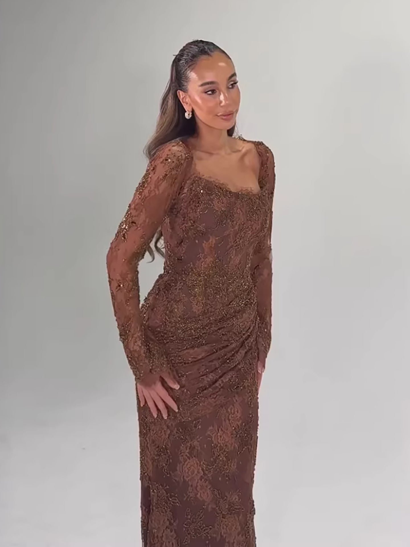 Luxury Arabic Saudi Coffee Lace Beaded Mermaid Evening Dress LA73484 - SERENE  HILL