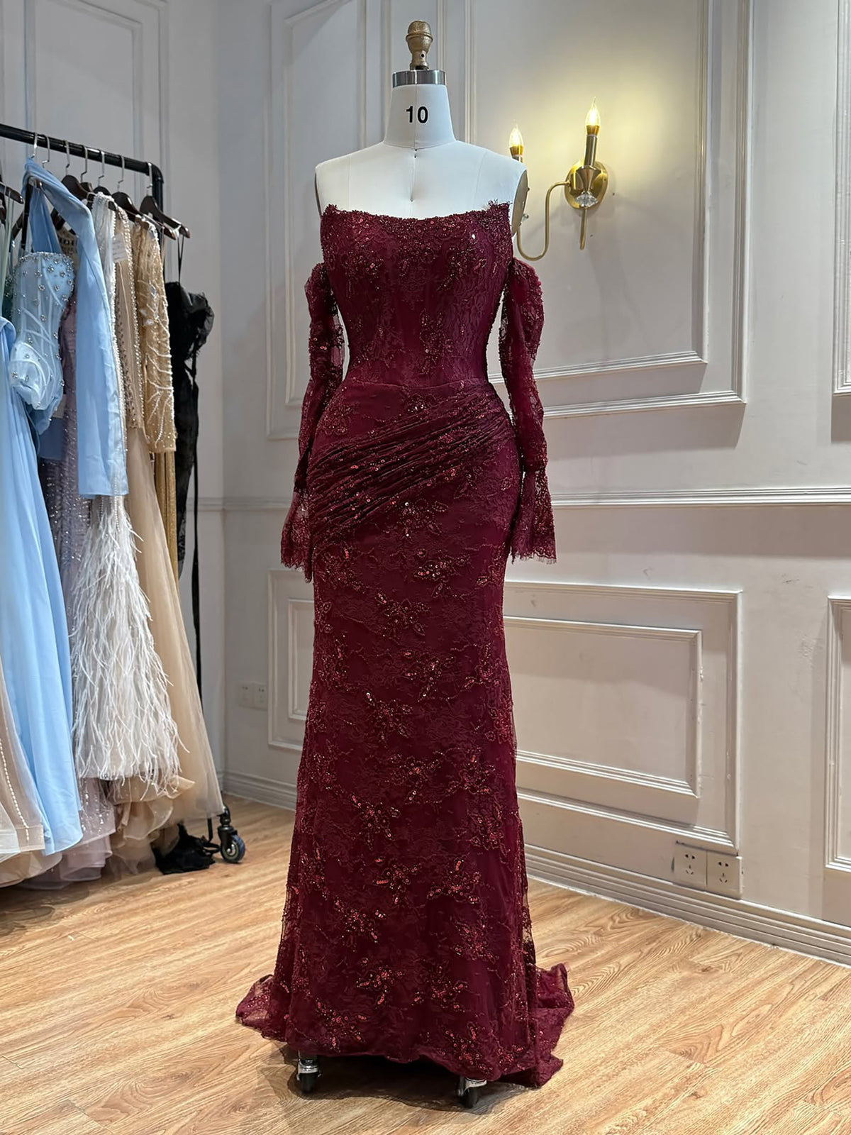 Luxury Modest Arabic Saudi Coffee Lace Beaded Mermaid Evening Dress LA73484