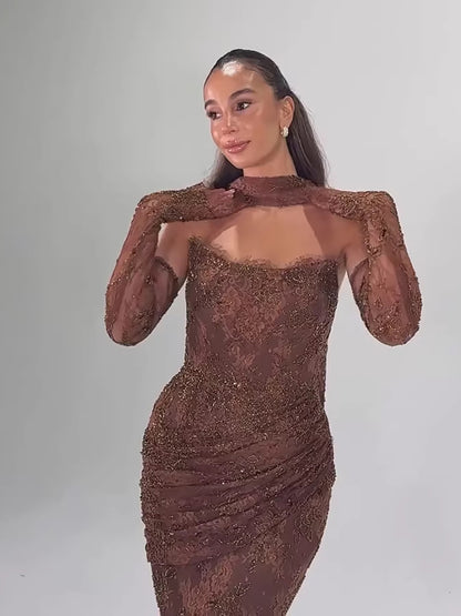 Luxury Arabic Saudi Coffee Lace Beaded Mermaid Evening Dress LA73484 - SERENE  HILL
