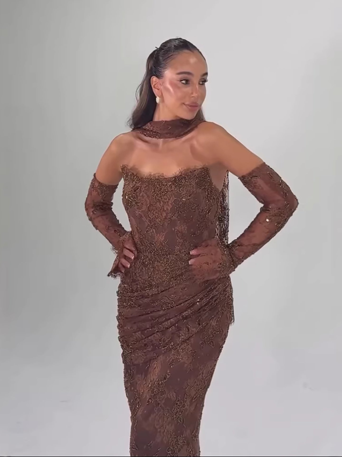 Luxury Arabic Saudi Coffee Lace Beaded Mermaid Evening Dress LA73484 - SERENE  HILL