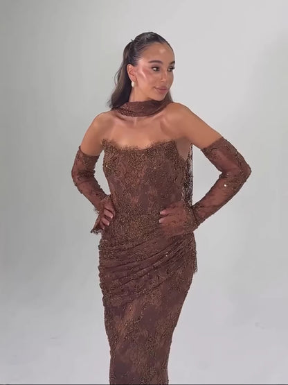 Luxury Arabic Saudi Coffee Lace Beaded Mermaid Evening Dress LA73484 - SERENE  HILL