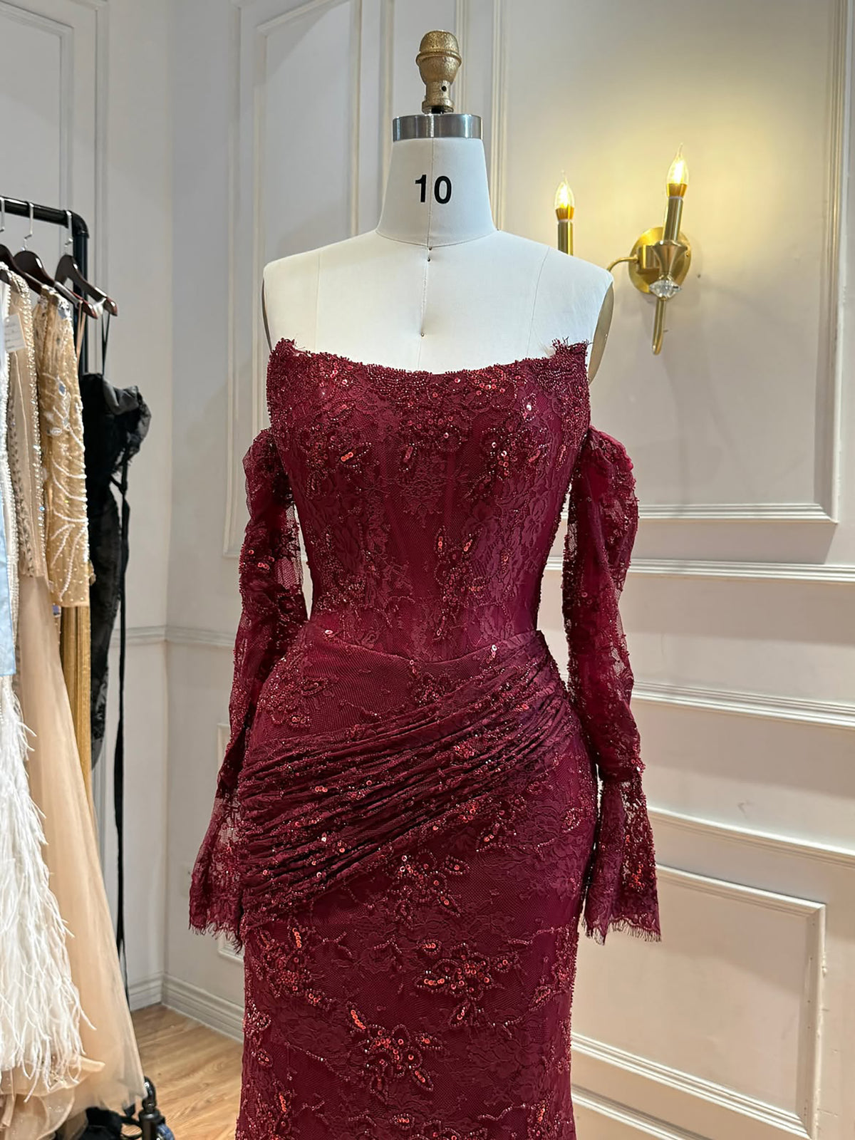 Luxury Modest Arabic Saudi Coffee Lace Beaded Mermaid Evening Dress LA73484