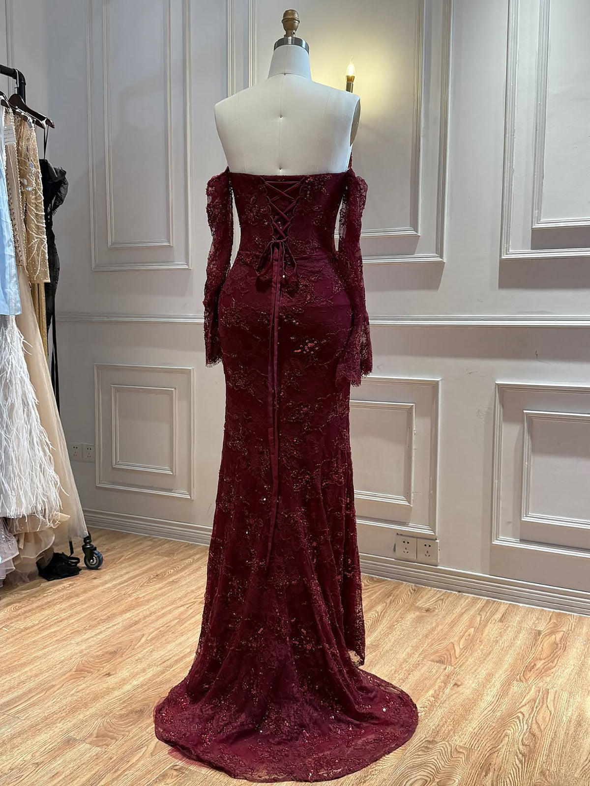 Luxury Modest Arabic Saudi Coffee Lace Beaded Mermaid Evening Dress LA73484