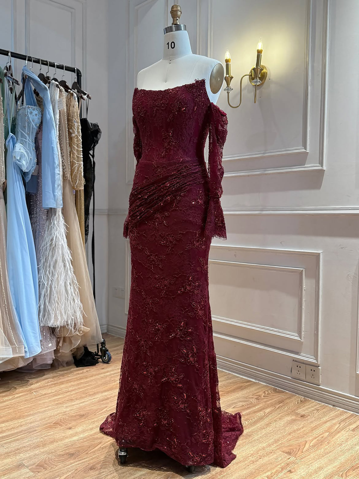 Luxury Modest Arabic Saudi Coffee Lace Beaded Mermaid Evening Dress LA73484
