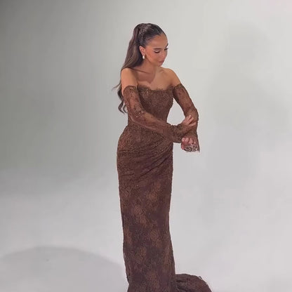 Luxury Arabic Saudi Coffee Lace Beaded Mermaid Evening Dress LA73484 - SERENE  HILL