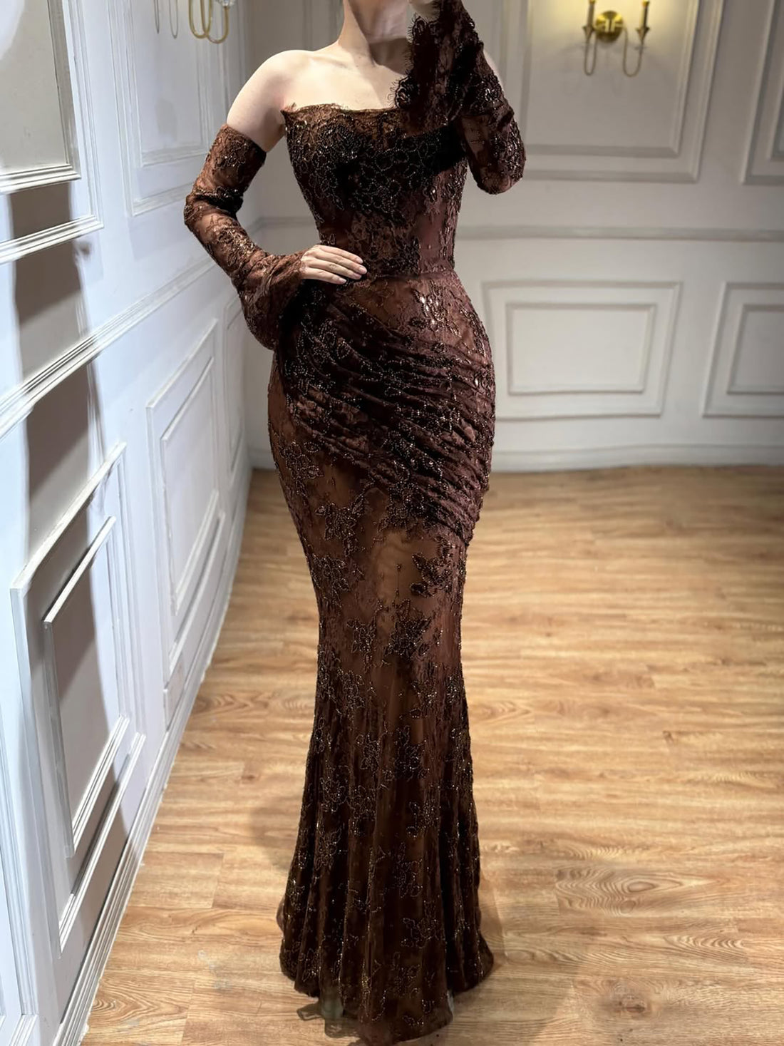 Luxury Arabic Saudi Coffee Lace Beaded Mermaid Evening Dress LA73484