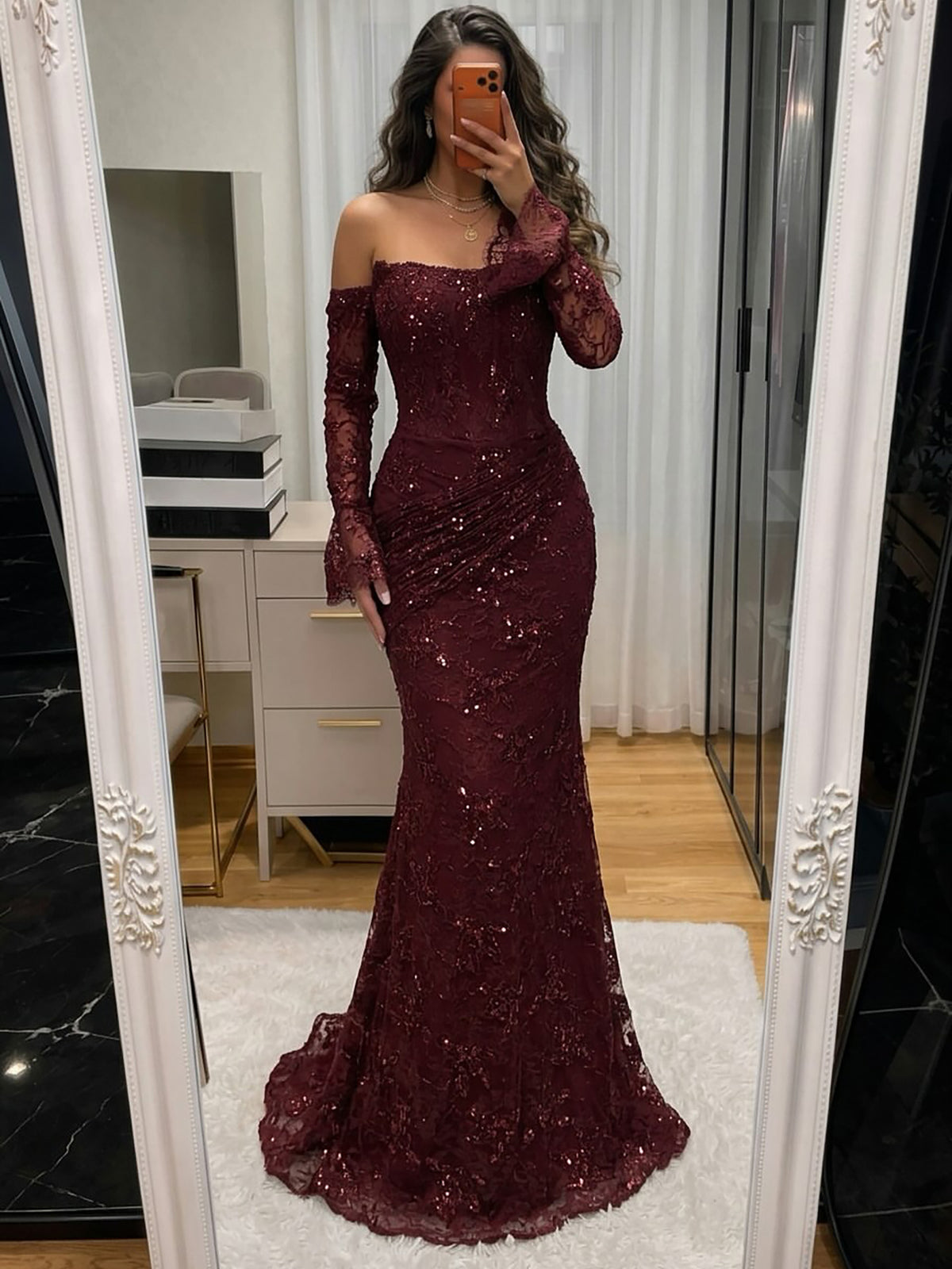 Luxury Modest Arabic Saudi Coffee Lace Beaded Mermaid Evening Dress LA73484