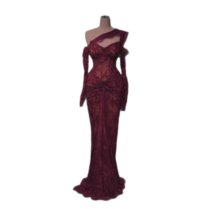 Luxury Wine Red Lace Beaded Mermaid One Shoulder Evening Dress LA73484B