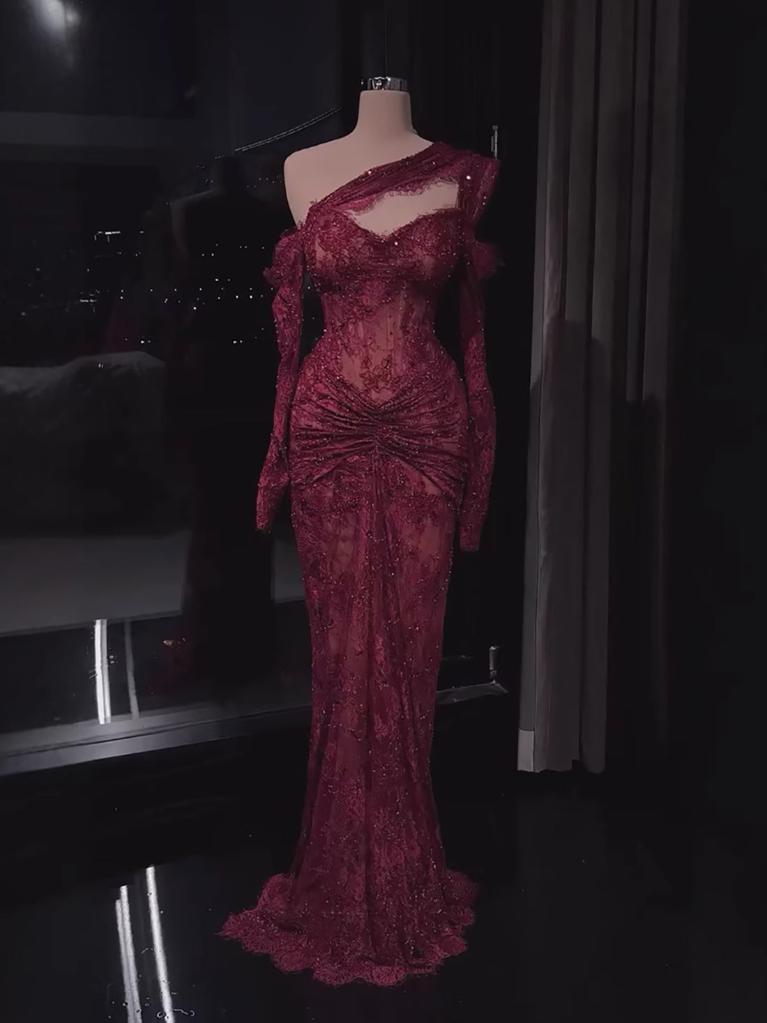 Luxury Wine Red Lace Beaded Mermaid One Shoulder Evening Dress LA73484B